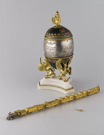 Peter-Carl Fabergé, Trans-Siberian Railway Egg, 1900. Gold, silver, marble onyx, non-precious metal, wood, silk, velvet, 27.5 x 14.5 cm. The Kremlin Armoury, Moscow.