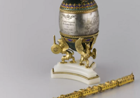 Peter-Carl Fabergé, Trans-Siberian Railway Egg, 1900. Gold, silver, marble onyx, non-precious metal, wood, silk, velvet, 27.5 x 14.5 cm. The Kremlin Armoury, Moscow.