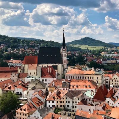 A view of the historic city of Český Krumlov, Czechia and surrounding landscape