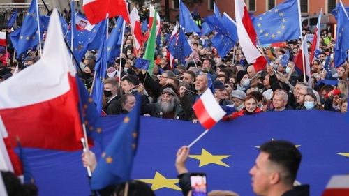 Demonstrators in Warsaw yesterday protesting the Constitutional Tribunal’s decision last Thursday. Demonstrators in Warsaw yesterday protesting the Constitutional Tribunal’s decision last Thursday.